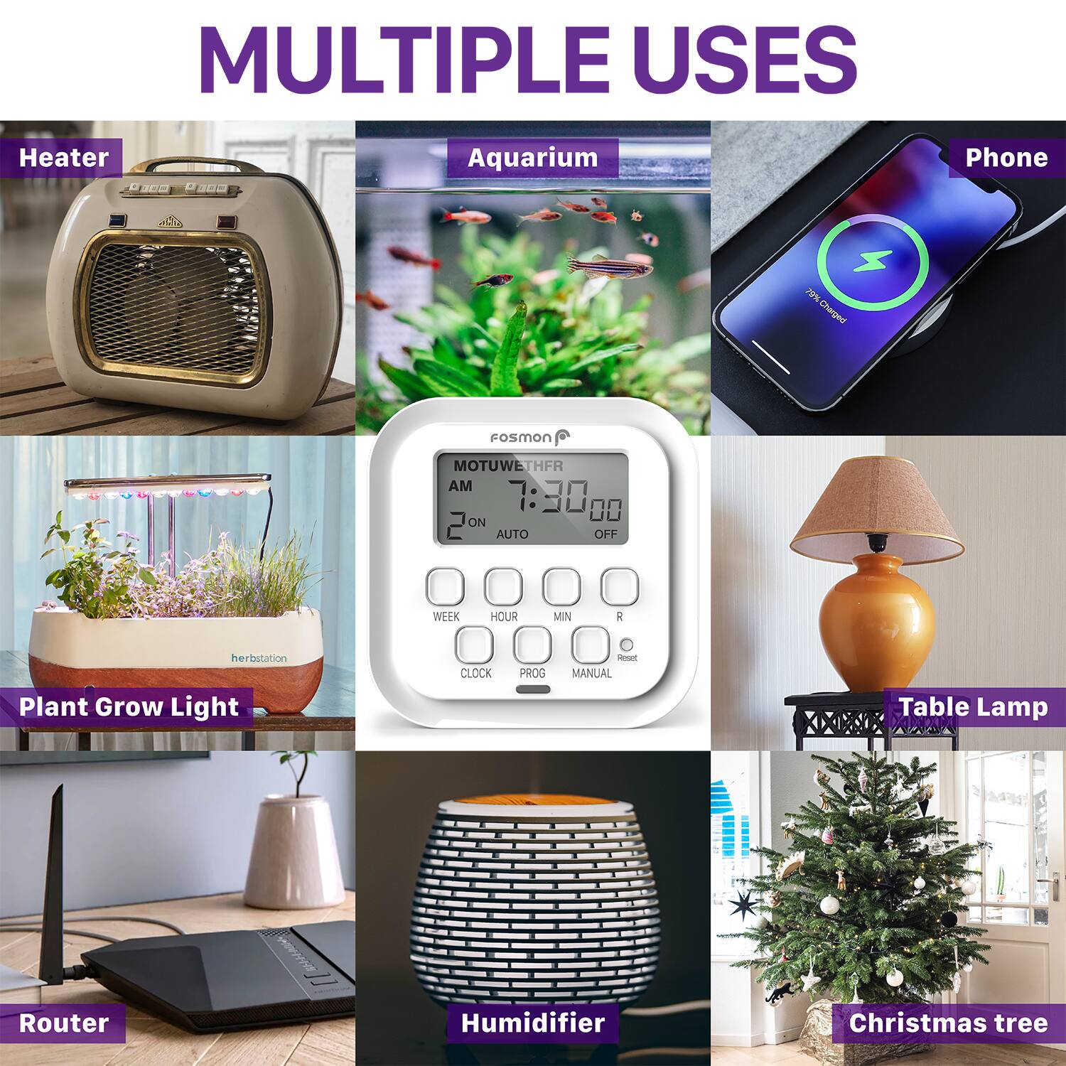 MULTIPLE USES

Heater
Aquarium
Phone
79% Charged
Fosmon
MOTUWE
THFR
AM 30 00
ON AUTO OFF
WEEK HOUR MIN
A herbstation
Plant Grow Light
CLOCK PROG
Semun
MANUAL
Table Lamp
Router
wor
Humidifier
Christmas tree