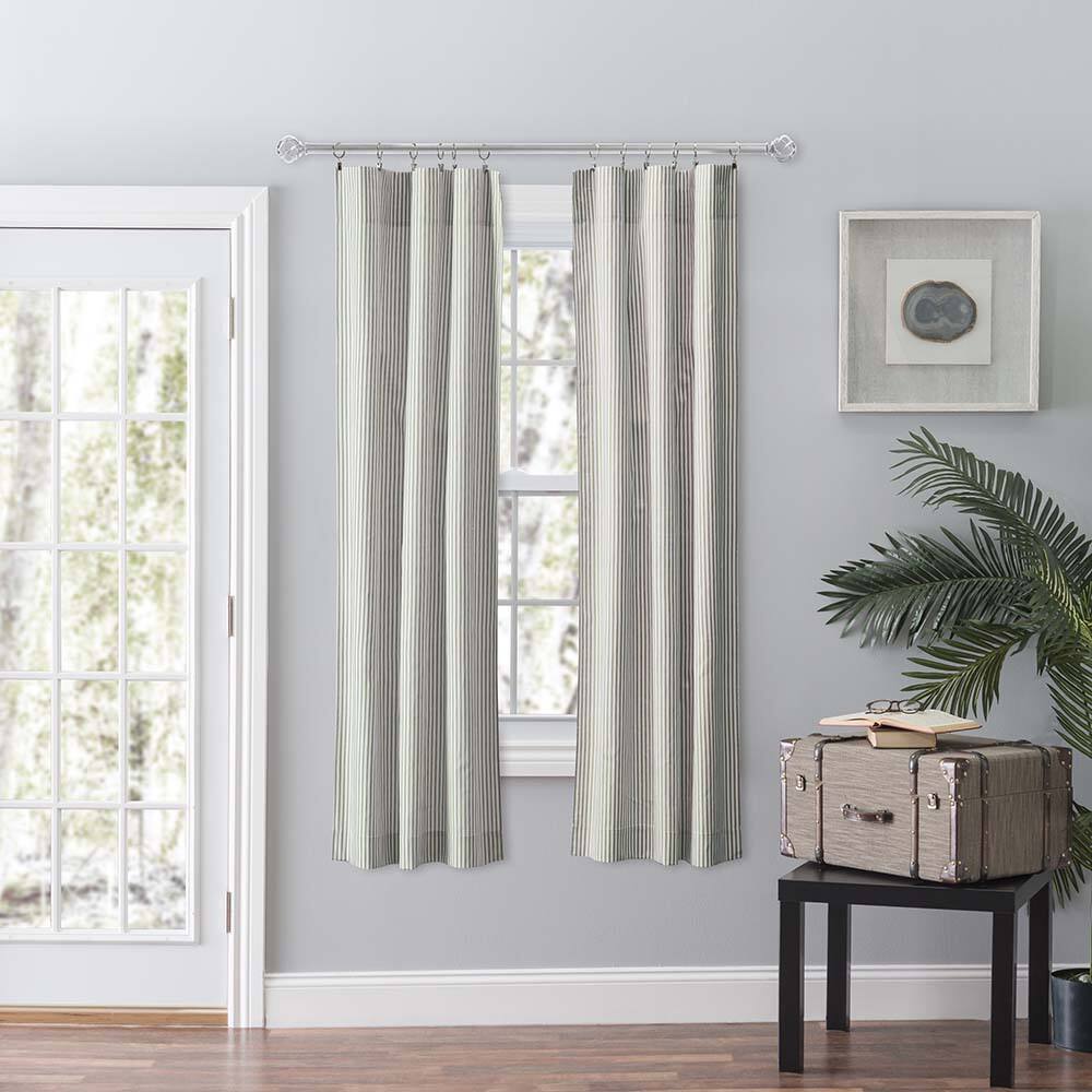 Angle. Ellis Curtain - Ellis Curtain Plaza Classic Ticking Stripe Printed 3" Rod Pocket Tailored Panel Pair with Tiebacks 56" x 63" Sage - Sage.