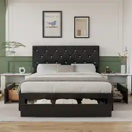Vecelo - Queen Bed Frame with Storage Drawers, Upholstered Faux Leather Platform Bed with Adjustable Headboard and Wood Slats - Black