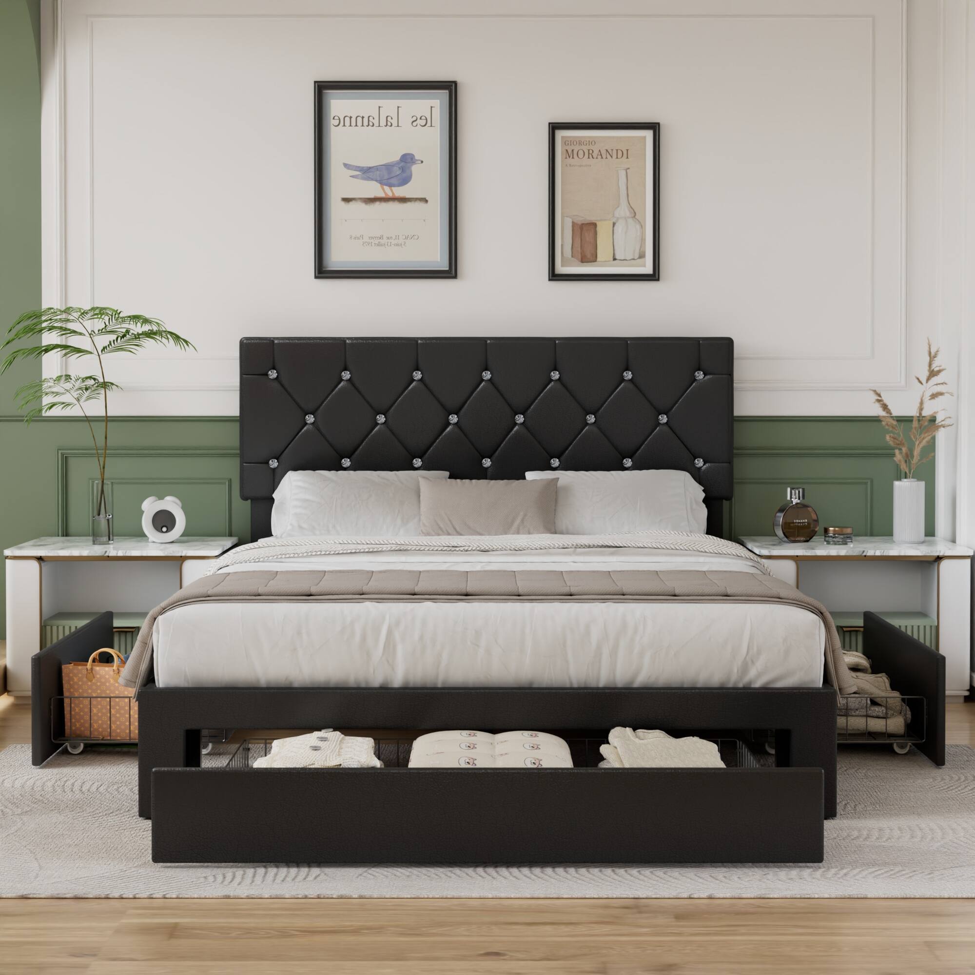 Vecelo - Queen Bed Frame with Storage Drawers, Upholstered Faux Leather Platform Bed with Adjustable Headboard and Wood Slats - Black