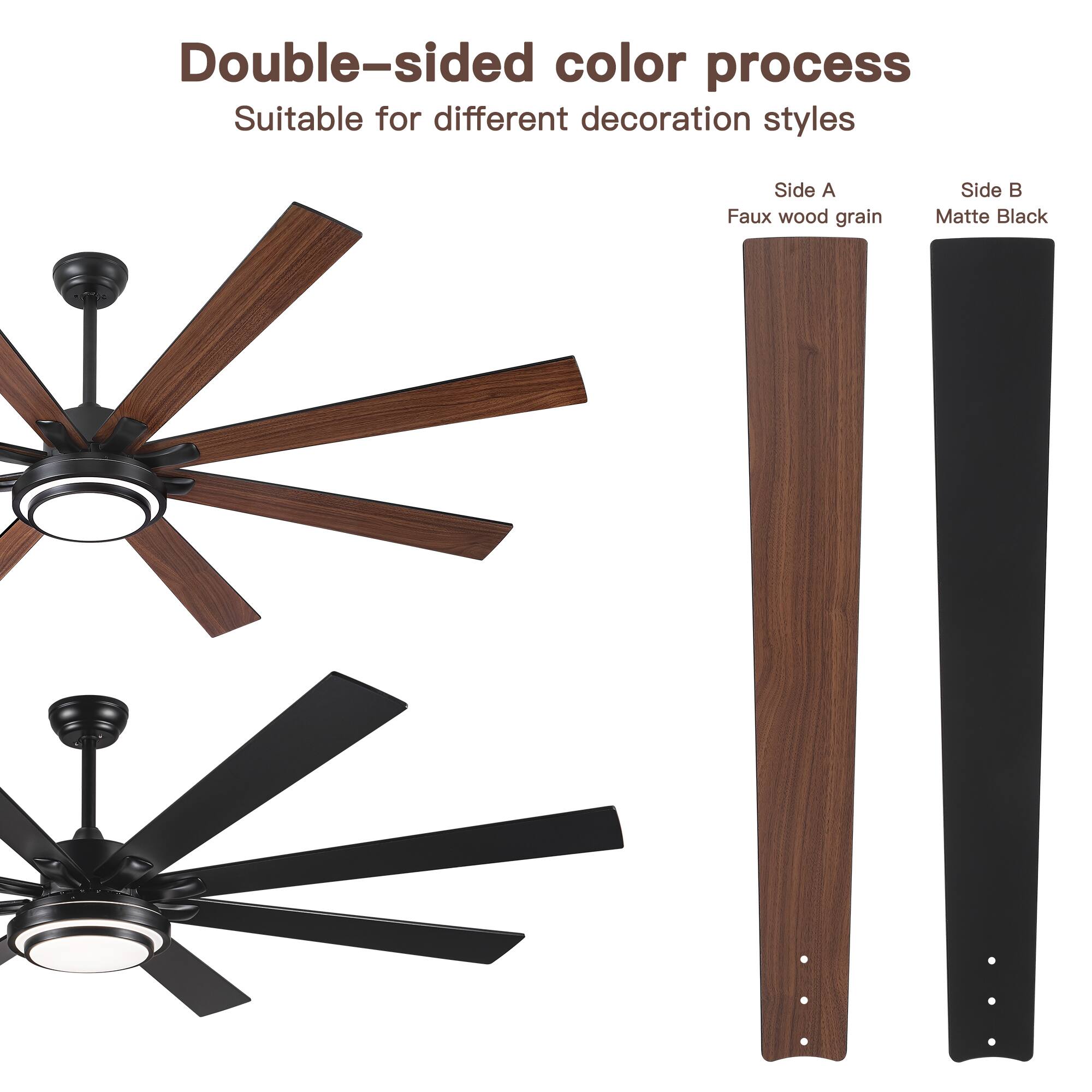 Double-sided color process  
Suitable for different decoration styles  

Side A: Faux wood grain  
Side B: Matte Black