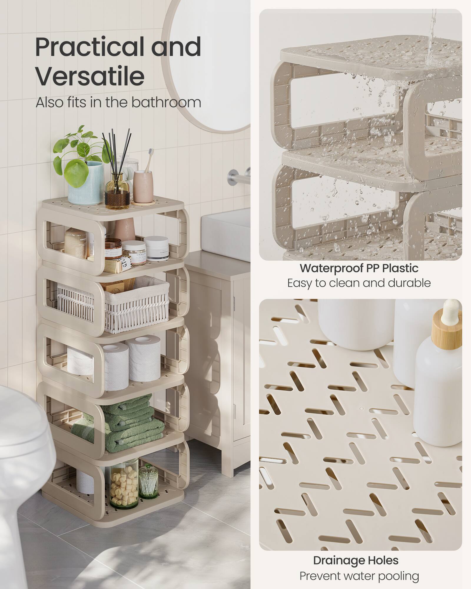 Practical and Versatile  
Also fits in the bathroom  

Waterproof PP Plastic  
Easy to clean and durable  

Drainage Holes  
Prevent water pooling