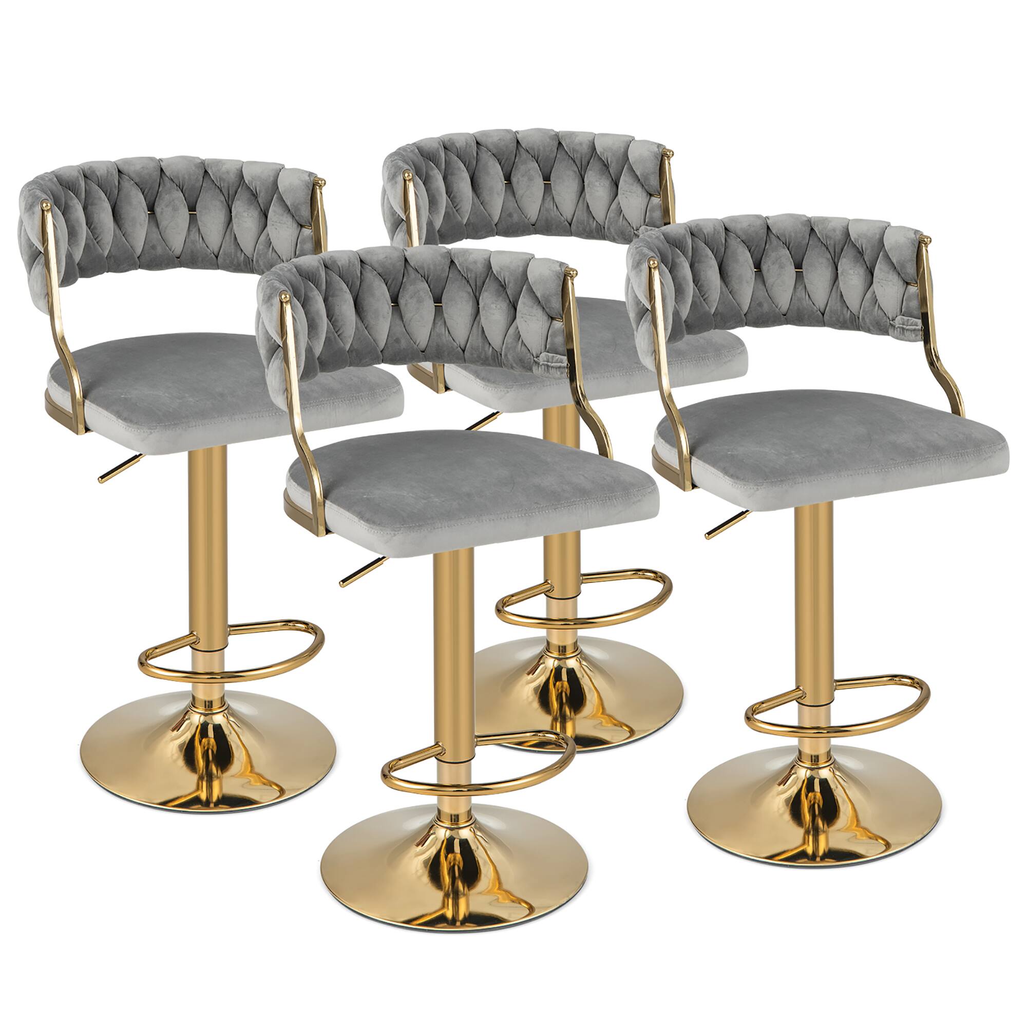 Front. Gymax - Gymax Swivel Barstool with Woven Back Set of 4 Upholstered Velvet Adjustable Bar Stools - Grey, Gold.