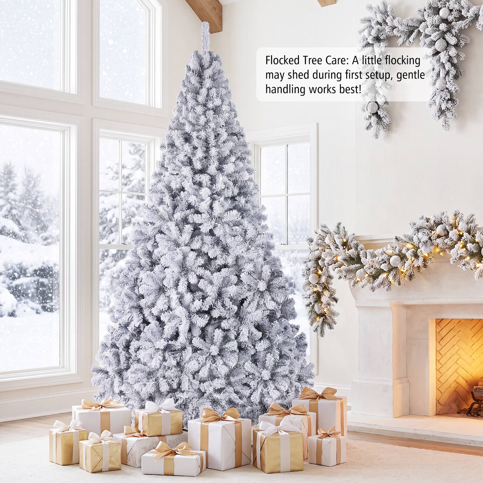 Flocked Tree Care: A little flocking may shed during first setup, gentle handling works best!