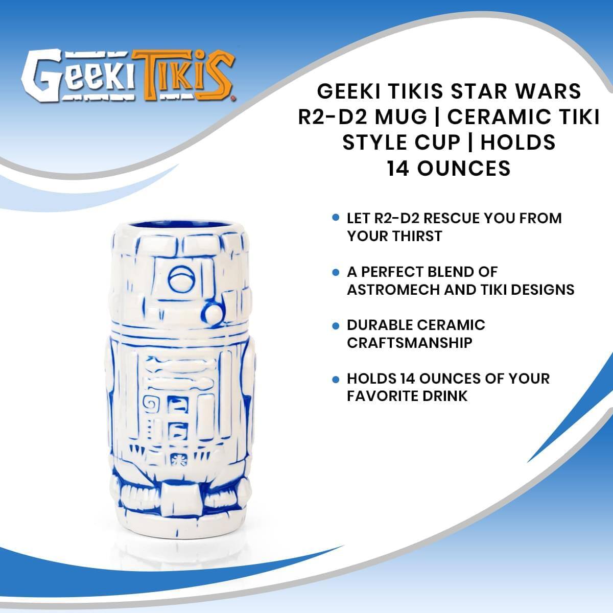 Geeki Tikis Star Wars R2-D2 Mug | Ceramic Tiki Style Cup | Holds 14 Ounces

- Let R2-D2 Rescue You From Your Thirst
- A Perfect Blend of Astromech and Tiki Designs
- Durable Ceramic Craftsmanship
- Holds 14 Ounces of Your Favorite Drink