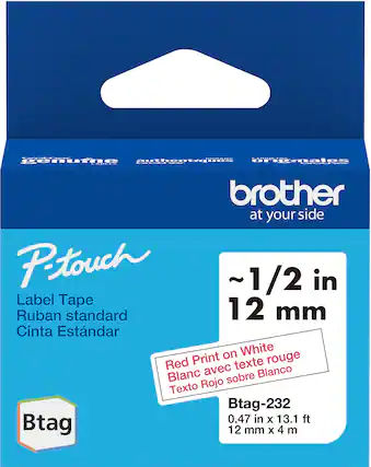- **Brand:** Brother
- *Tagline:* at your side
- **Product Line:** P-touch
- **Product Type:** Label Tape
- **Tape Size:**
- ~1/2 in
- 12 mm
- **Tape Description:**
- Ruban standard
- Cinta Estándar
- **Tape Color:**
- Red Print on White
- Blanc avec texte rouge
- Texto Rojo sobre Blanco
- **Product Code:** Btag-232
- **Dimensions:**
- 0.47 in x 13.1 ft
- 12 mm x 4 m