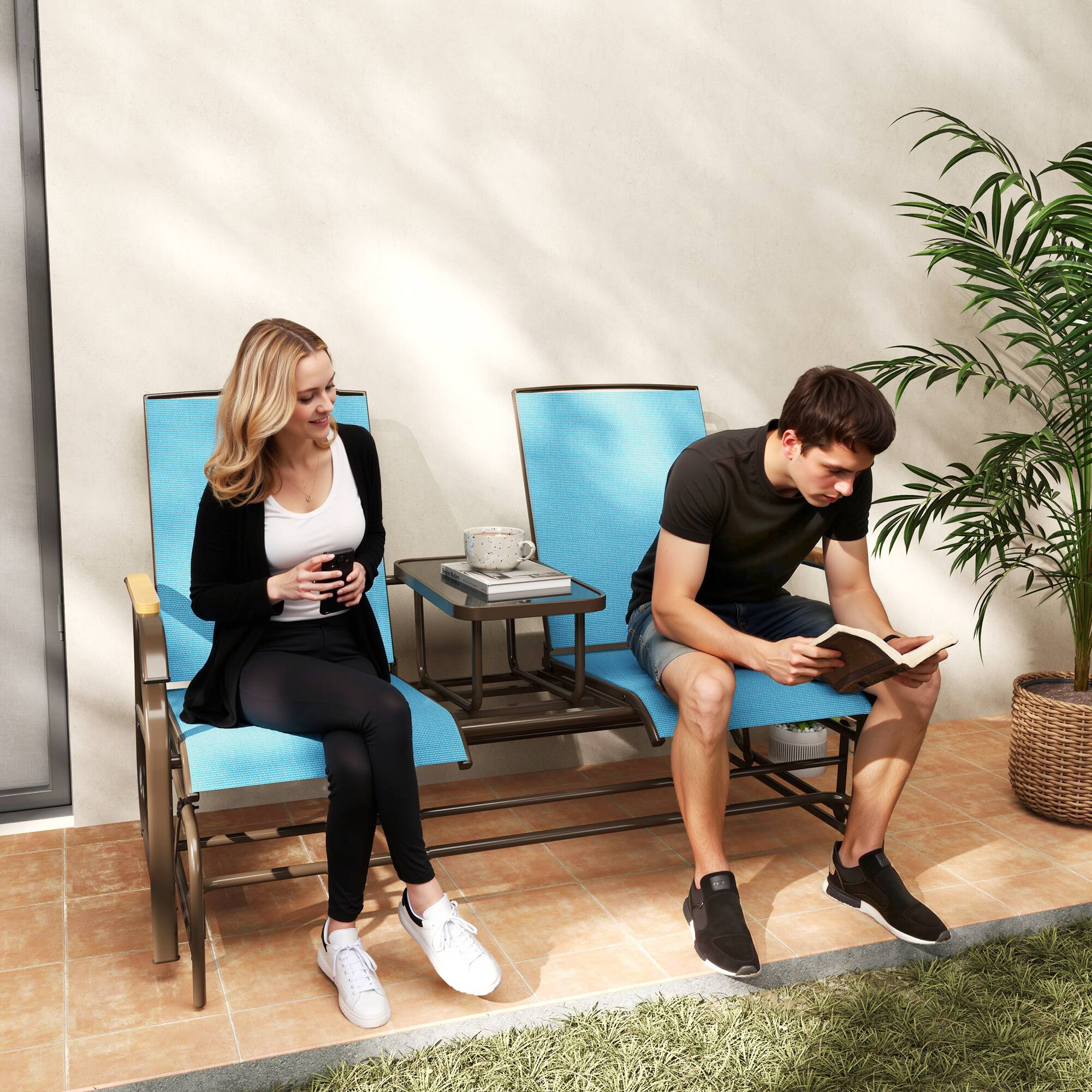 Alt View 1. Outsunny - 2 Person Outdoor Glider Bench, Patio Swing Glider Chair Loveseat with Breathable Mesh, Table, Steel Frame for Garden - Blue.