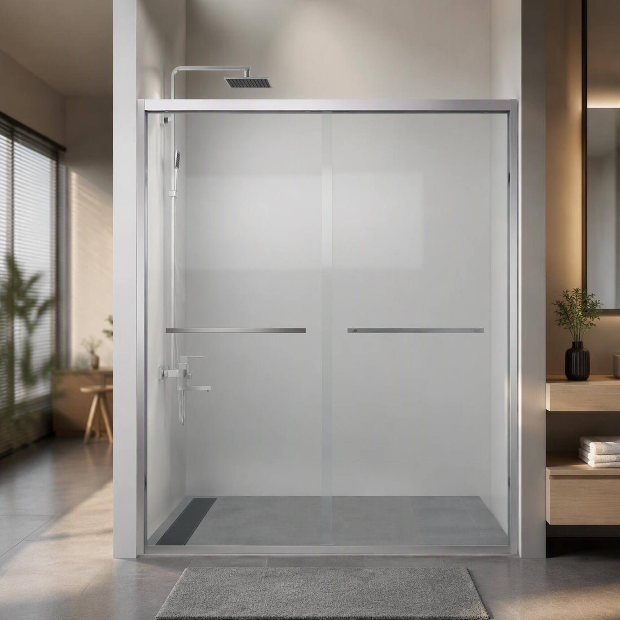 Front. RYHNUYNE - 56-60" X 74" Aluminum Frame Double Sliding Shower Door With 1/4" Clear Tempered Glass, Chrome Hardware - Chrome.