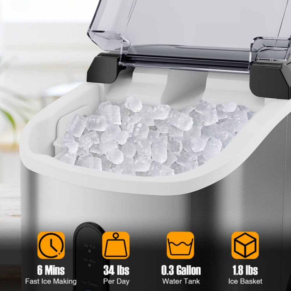- Ice Full
- Add Water
- 6 Mins
- Fast Ice Making
- 34 lbs Per Day
- 0.3 Gallon Water Tank
- 1.8 lbs Ice Basket