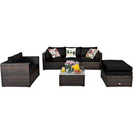 Costway - 6PCS Patio Rattan Furniture Set Cushion Sofa Coffee Table Ottoman - Black