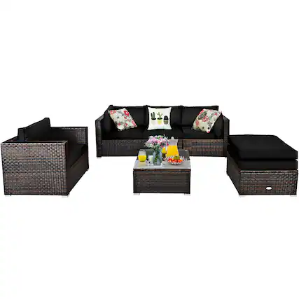 Front. Costway - 6PCS Patio Rattan Furniture Set Cushion Sofa Coffee Table Ottoman - Black.