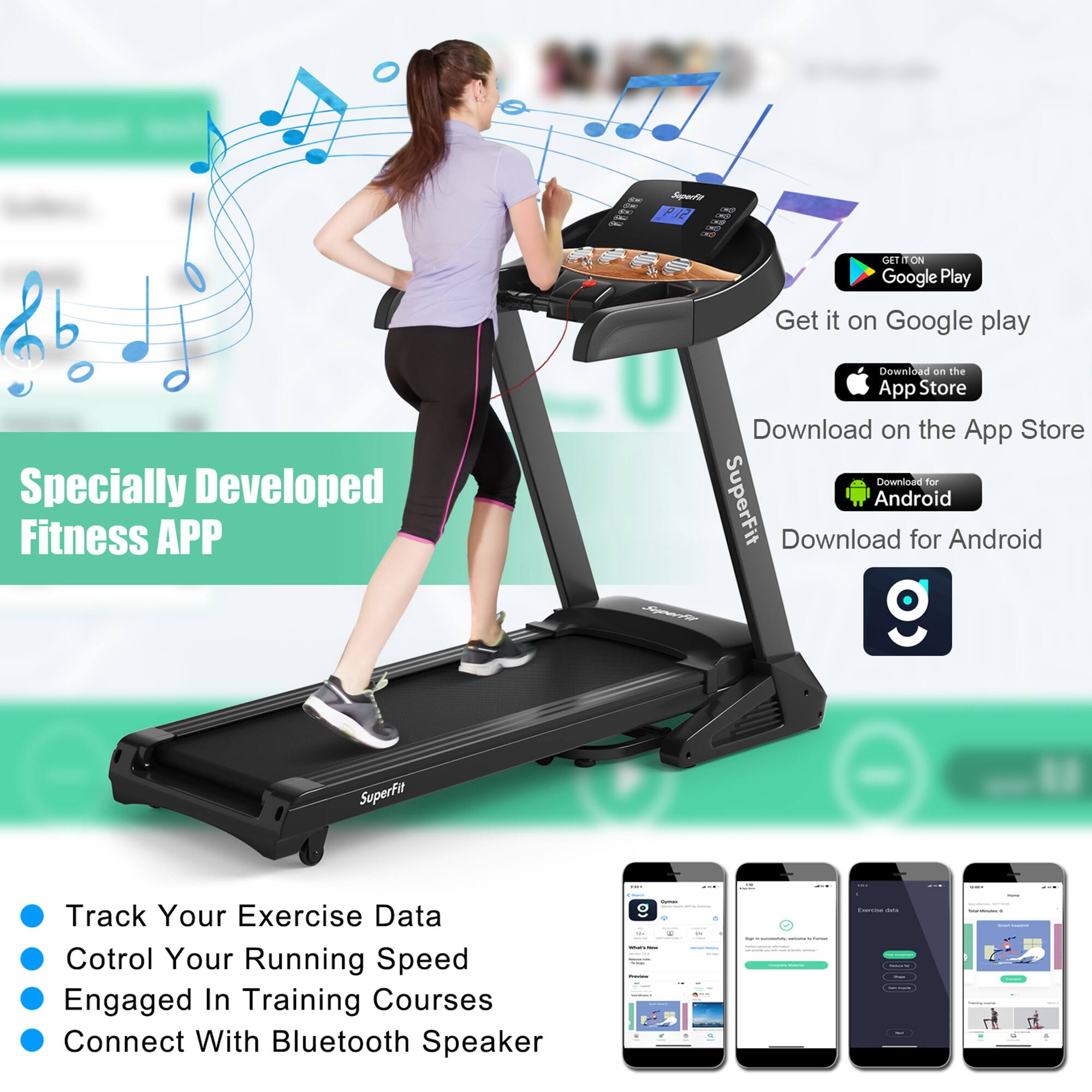 - Specially Developed Fitness APP
- Get it on Google Play
- Download on the App Store
- Download for Android
- Track Your Exercise Data
- Control Your Running Speed
- Engaged In Training Courses
- Connect With Bluetooth Speaker