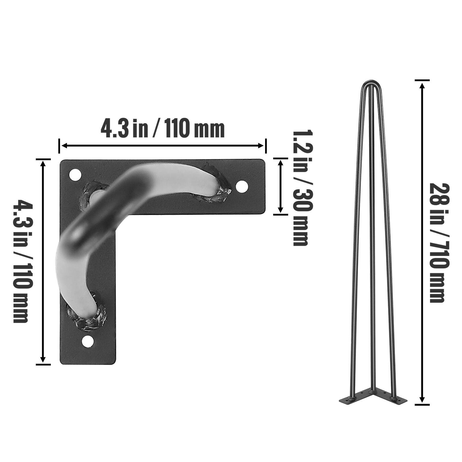 4.3in/110 mm, 4.3 in / 110 mm, 1.2in / 30 mm, 28 in / 710 mm, 28in/710 mm