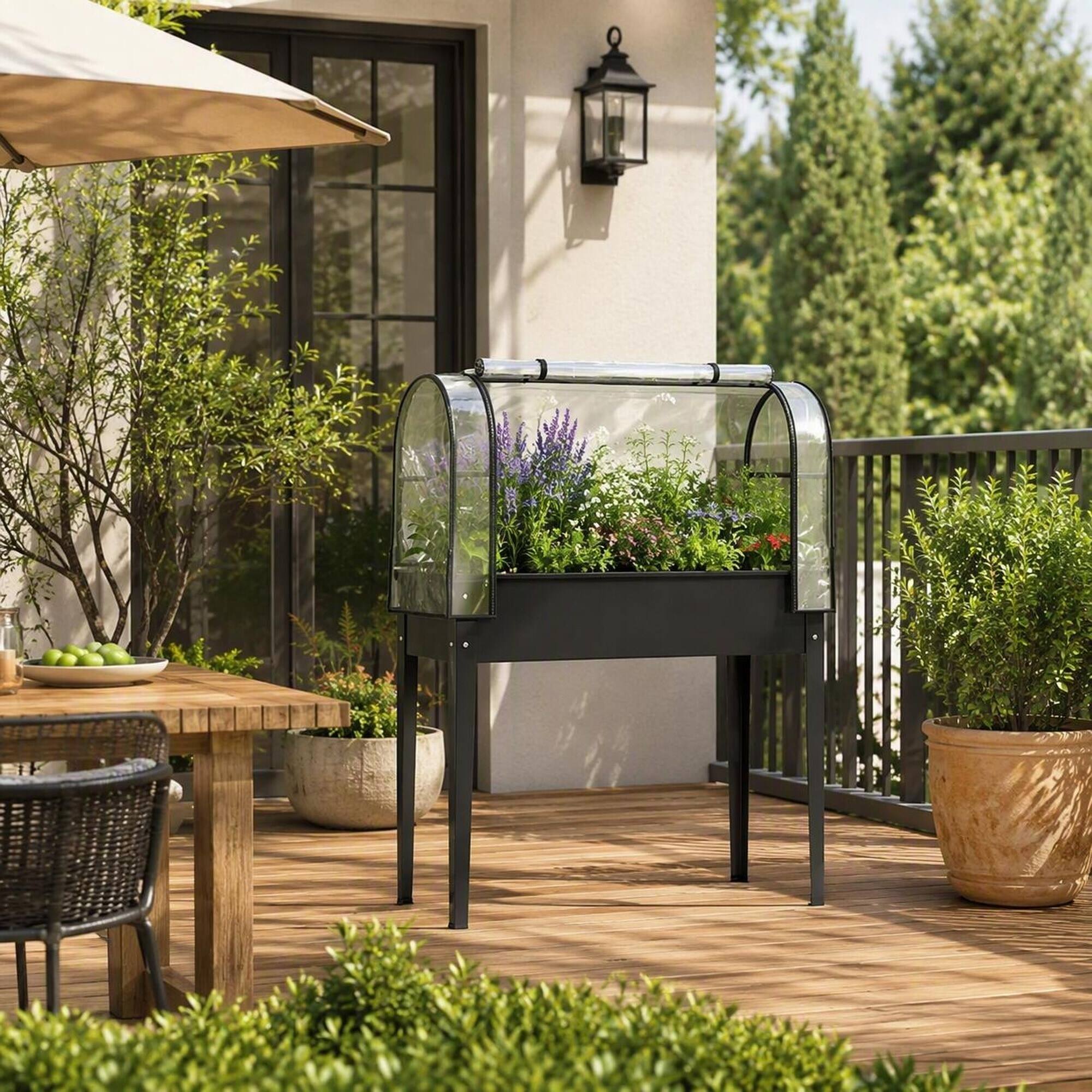 Left. RYHNUYNE - Raised Garden Bed with Mini Greenhouse Cover, 39.4x19.3x53.5 Inch Elevated Planter Box on Legs, 26 Gallon Metal - Black.