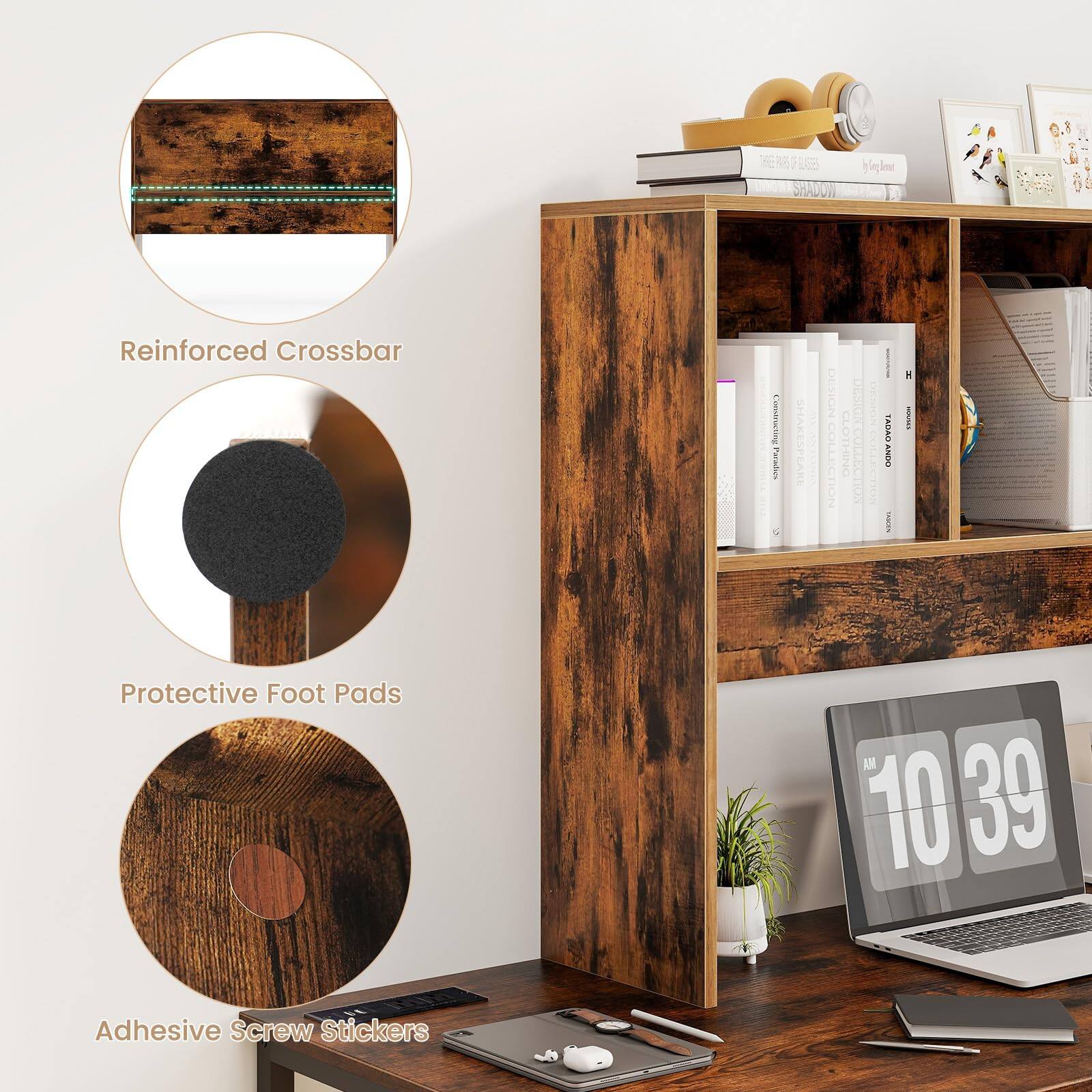 The image features a wooden shelf with a reinforced crossbar, which is part of the Shakespeare Design collection. The shelf is also adorned with protective foot pads and adhesive screw stickers. Additionally, there is a clock on the shelf, and a laptop is placed on the desk below it. The scene also includes a book and a potted plant, adding to the overall aesthetic of the space.