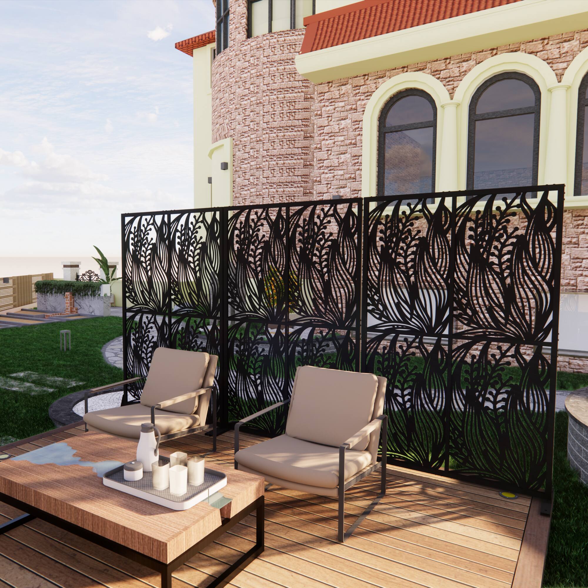 Back. Loheer - Decorative Metal Privacy Screen 3.8 ft x 6 ft Freestanding Room Divider for Patio Balcony Garden - Black.