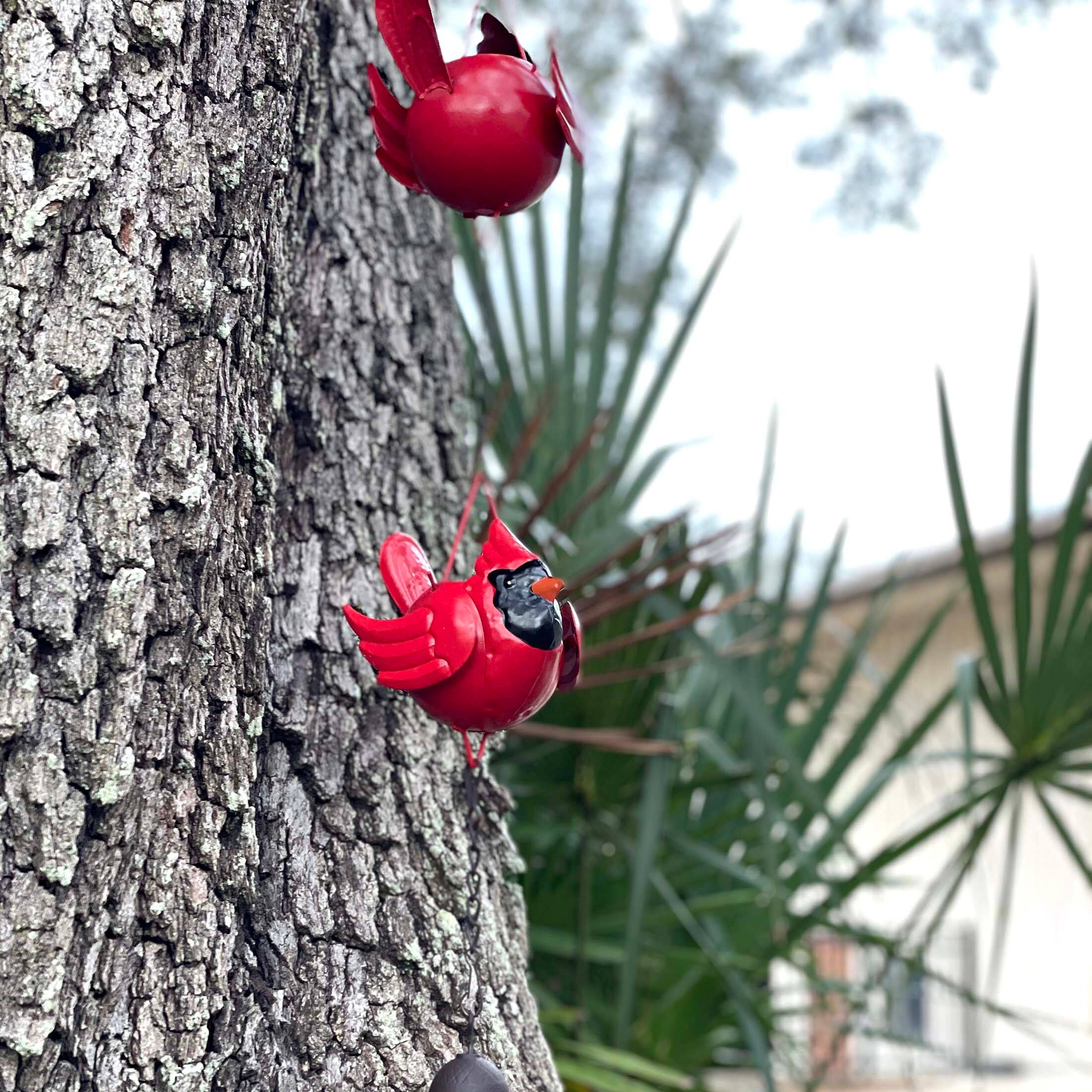 Alt View 7. Things2Die4 - 85-Inch Metal Rain Chain - 7 Red Cardinal Birds - Weighted Bell - Brown Finish - Bright Red.