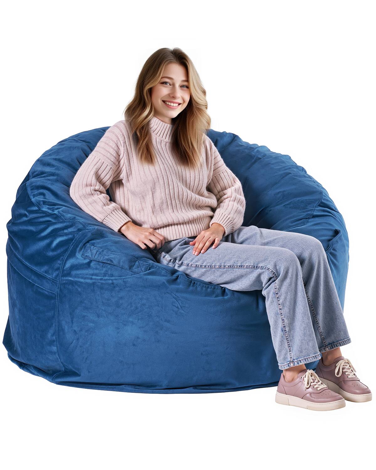 Front. VEVOR - Bean Bag Chair, Round BeanBag Chair with Removable & Washable Cover for Adult, Dutch Velvet & High-Density Foam Filling - Blue.