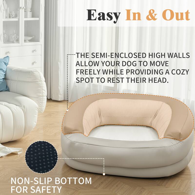 Easy In & Out

THE SEMI-ENCLOSED HIGH WALLS ALLOW YOUR DOG TO MOVE FREELY WHILE PROVIDING A COZY SPOT TO REST THEIR HEAD.

NON-SLIP BOTTOM FOR SAFETY