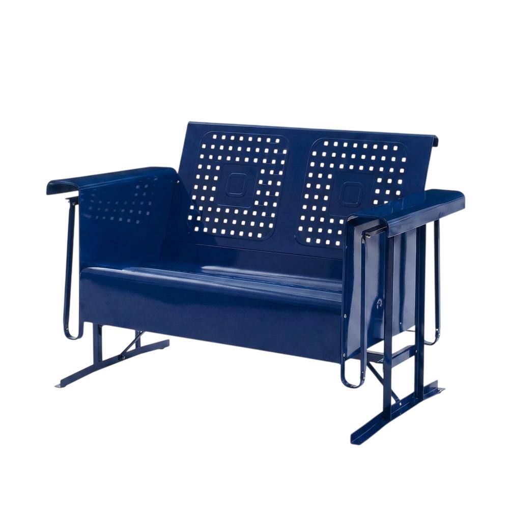 Front. Outdoor Escape - Navy Metal Patio Glider Bench – Outdoor Seating for Two with Retro Charm - Navy Gloss.