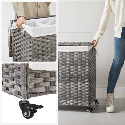 Back. SlickBlue - 3-Bag Rattan Laundry Basket Cart with Removable Cotton Liners on Wheels - Grey.