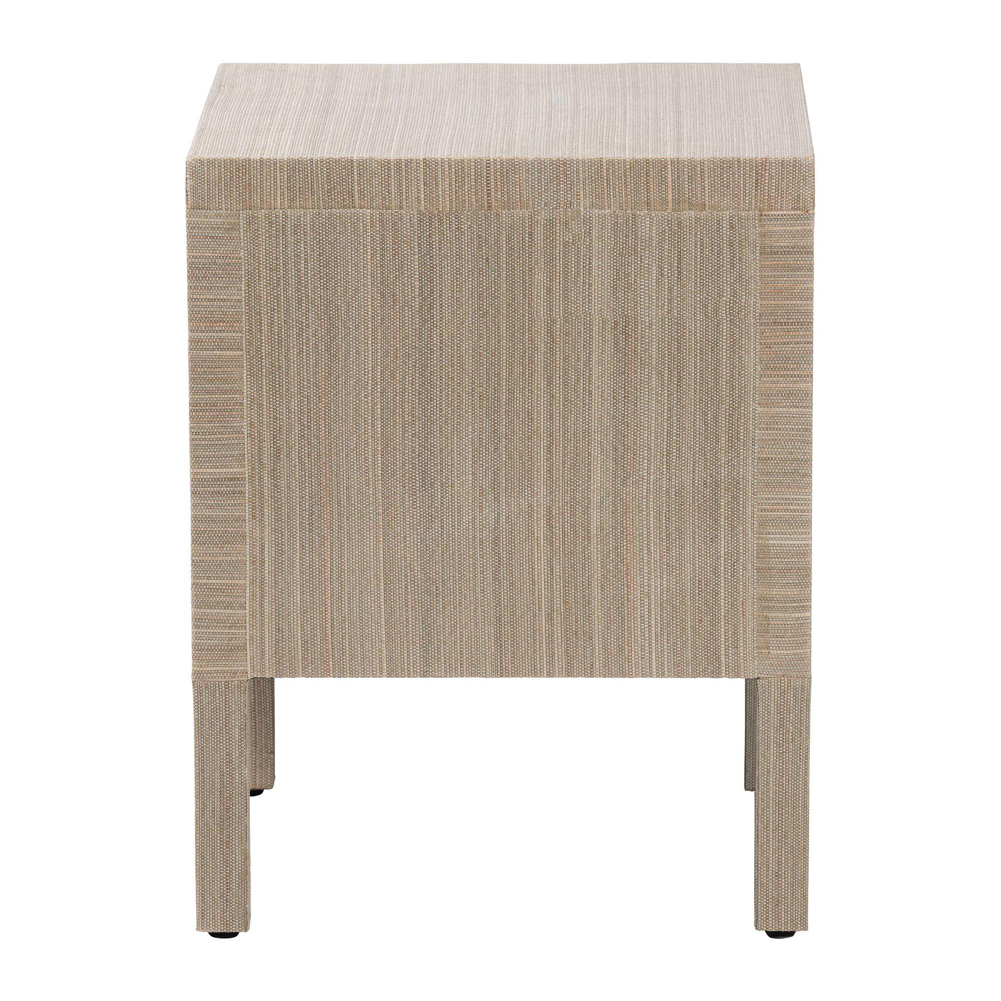 Alt View 1. bali & pari - Juniper Grasscloth Nightstand with Scalloped Base - Woven Texture 2-Drawer Bedside Table with Gold Ring Pulls - Beige/Gold.