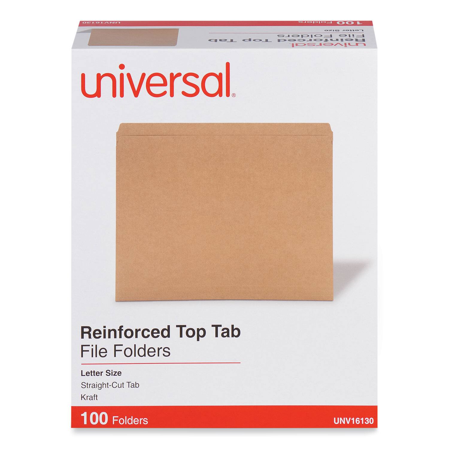 Universal Reinforced Top Tab File Folders  
Letter Size  
Straight-Cut Tab  
Kraft  
100 Folders  
UNV16130
