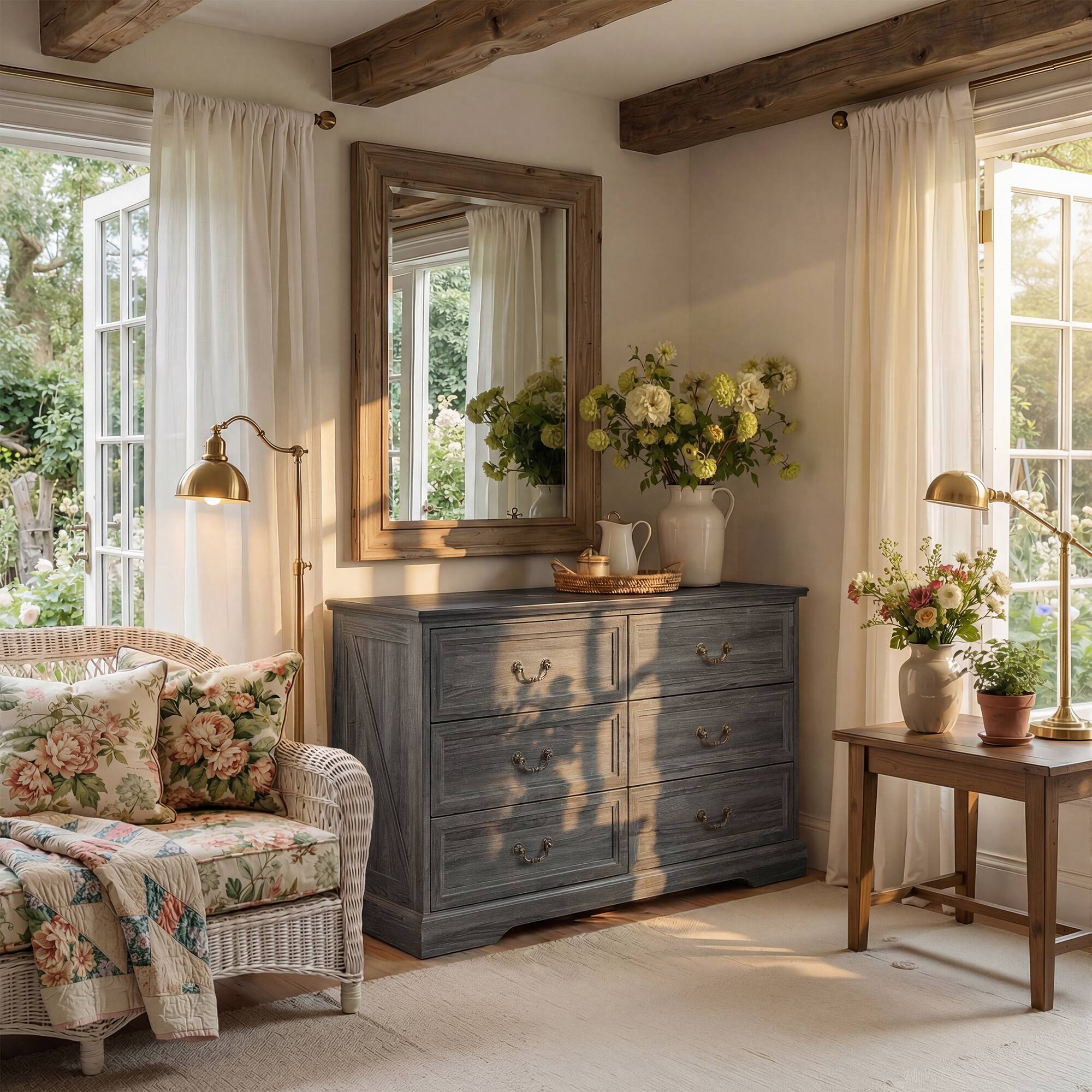 Left. FUFU & GAGA - Vintage 6-Drawer Dresser - Farmhouse Style Storage Chest with Bronze Hardware for Bedroom, Living Room, Entryway - Distressed gray.