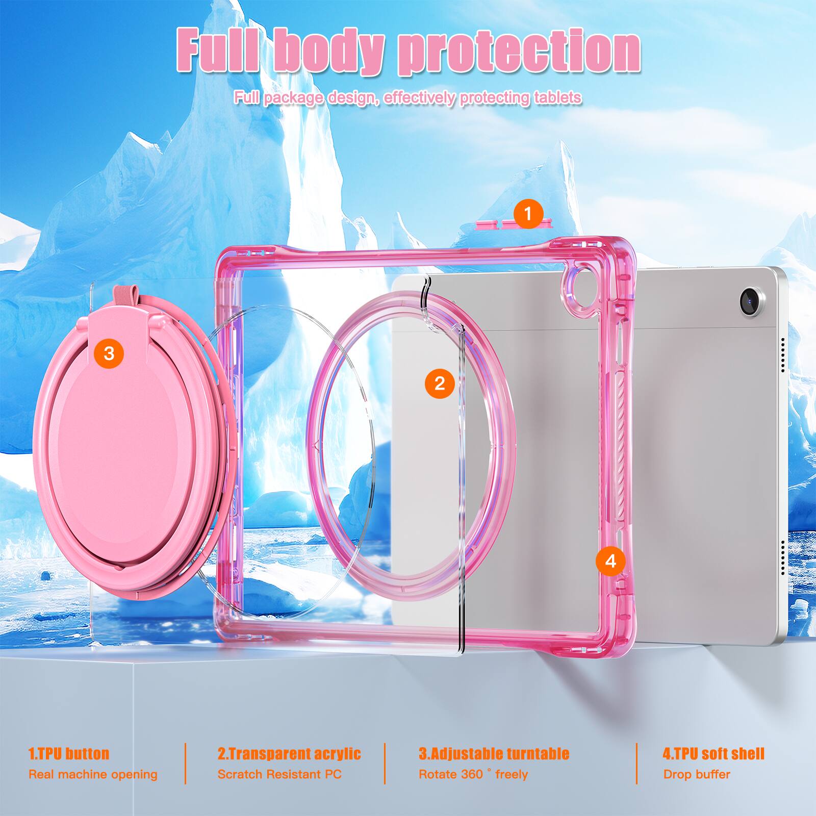 Full body protection  
Full package design, effectively protecting tablets  

1. TPU button  
Real machine opening  

2. Transparent acrylic  
Scratch Resistant PC  

3. Adjustable turntable  
Rotate 360° freely  

4. TPU soft shell  
Drop buffer