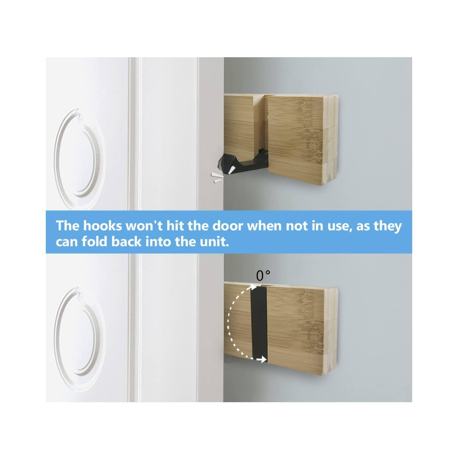 The hooks won't hit the door when not in use, as they can fold back into the unit.