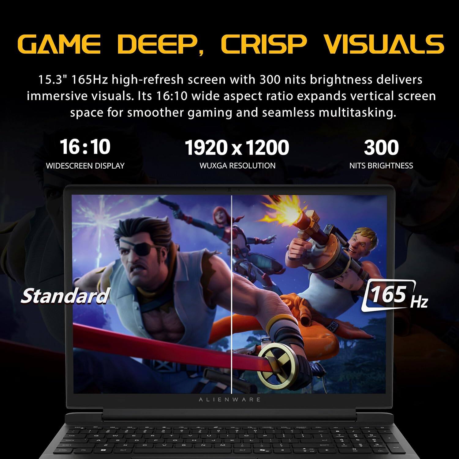 GAME DEEP, CRISP VISUALS

15.3" 165Hz high-refresh screen with 300 nits brightness delivers immersive visuals. Its 16:10 wide aspect ratio expands vertical screen space for smoother gaming and seamless multitasking.

16:10 WIDESCREEN DISPLAY
1920 x 1200 WUXGA RESOLUTION
300 NITS BRIGHTNESS

Standard 165 Hz

ALIENWARE