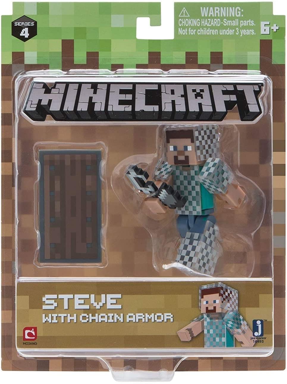 Sure, here is the corrected and grouped text from the image:

---

**SERIES 4**

**WARNING:**  
CHOKING HAZARD - Small parts. Not for children under 3 years.  
6+

**MINECRAFT**

**STEVE WITH CHAIN ARMOR**

**MOJANG**

**j**  
jarwares  
16493

---