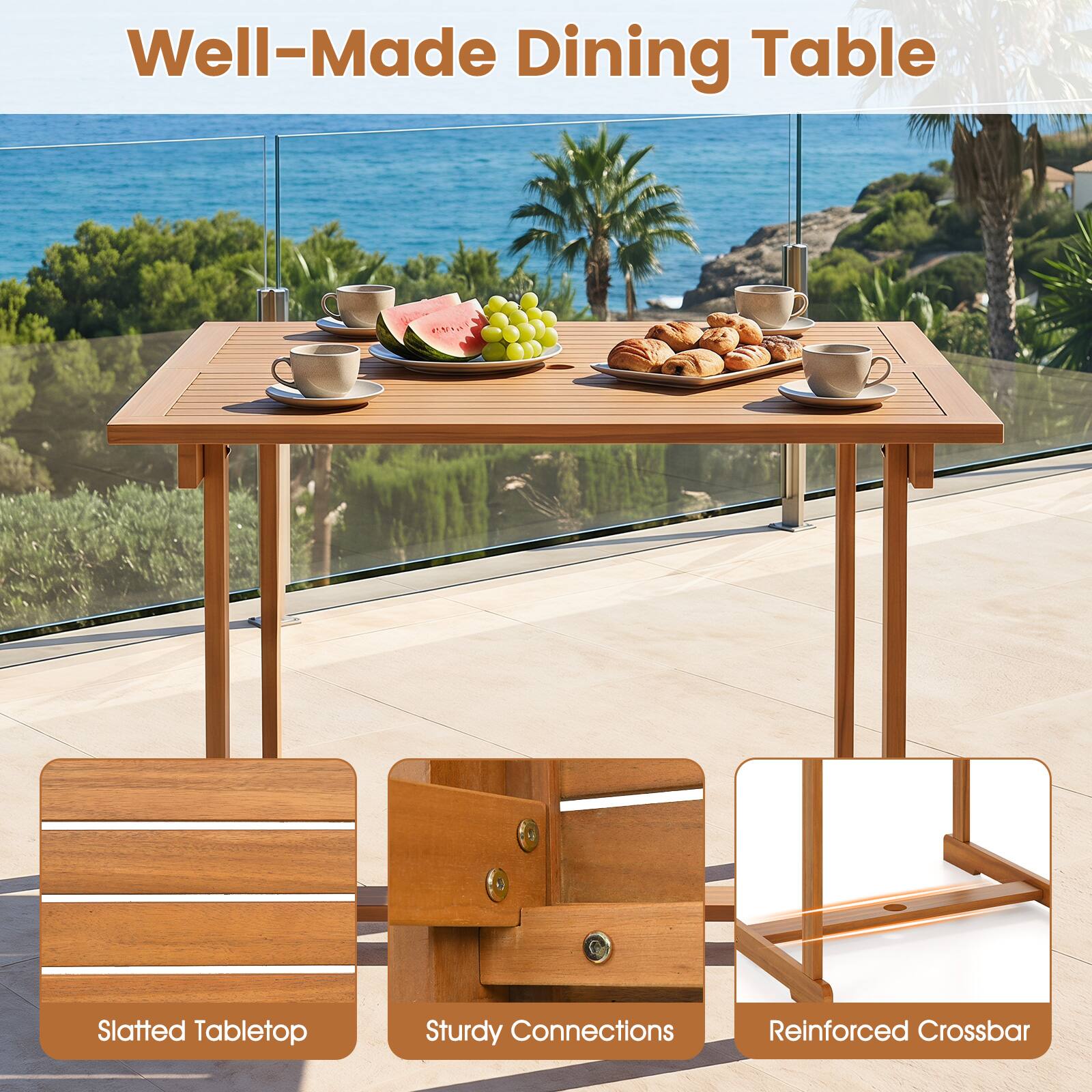 Well-Made Dining Table

Slatted Tabletop

Sturdy Connections

Reinforced Crossbar