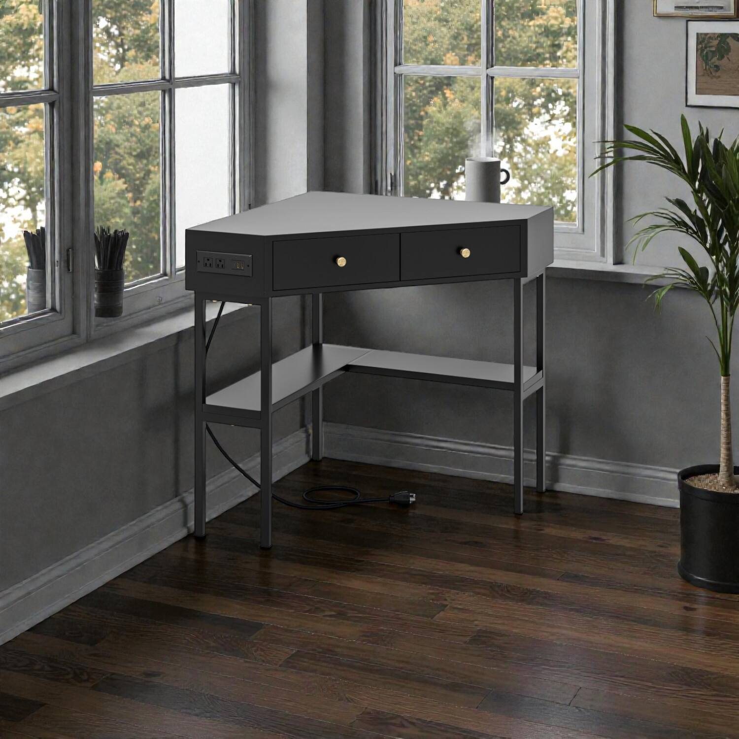 Front. Hivvago - Compact Triangle Workstation with Integrated Charging, Drawers, and Shelf - Black.