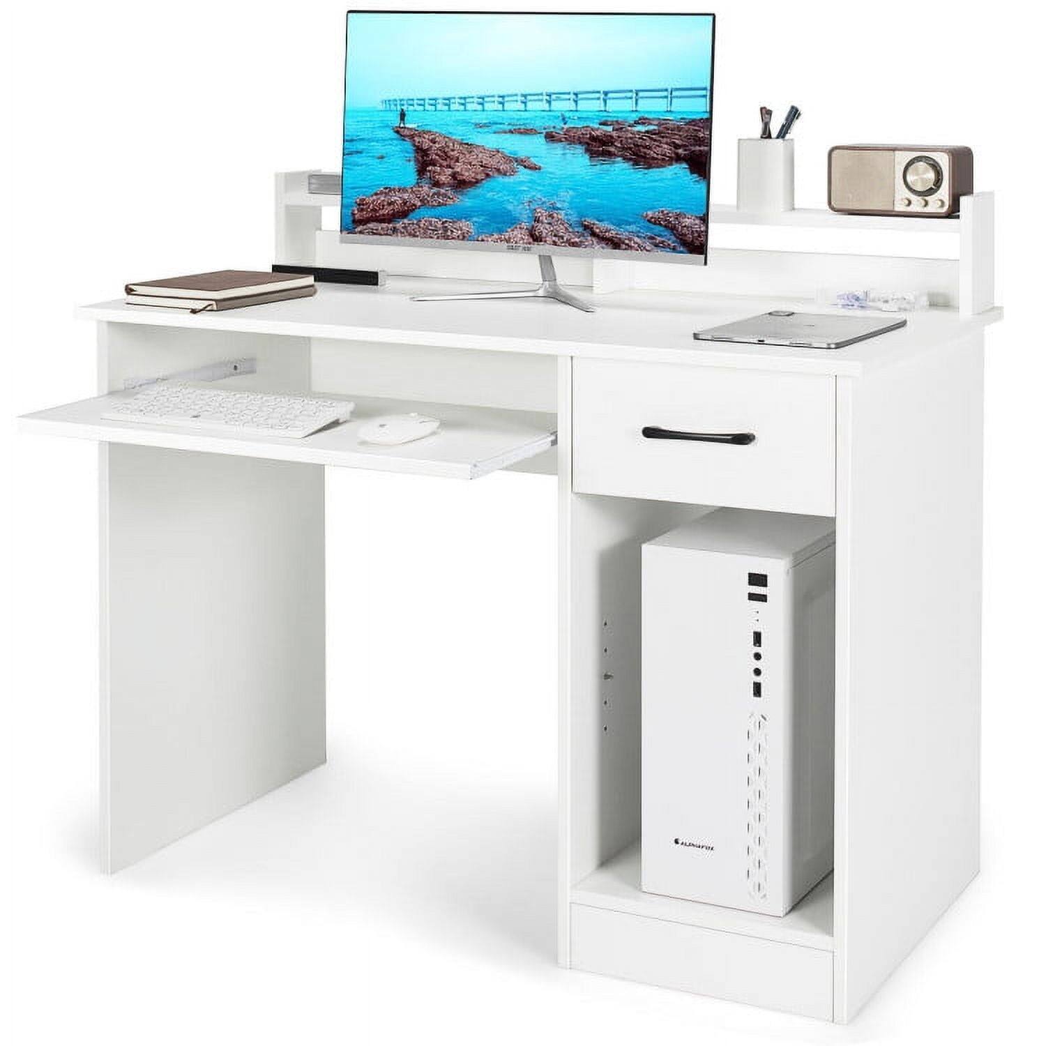 Left. Pefilos - Study Laptop Table with Drawer & Keyboard Tray-White, Office Desk, Gaming Computer Desks for Study,Working,Writing - White.