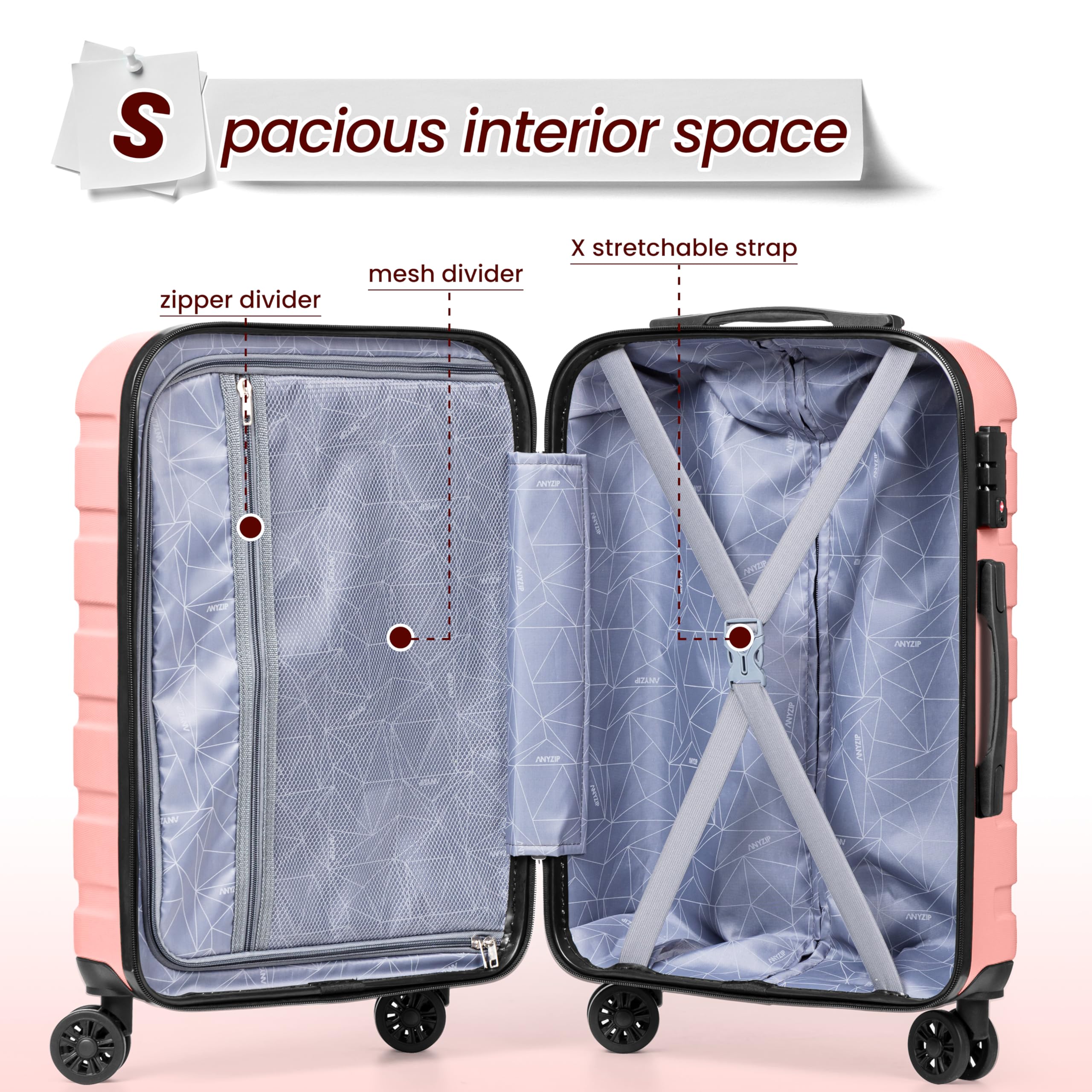 Spacious interior space  
zipper divider  
mesh divider  
X stretchable strap