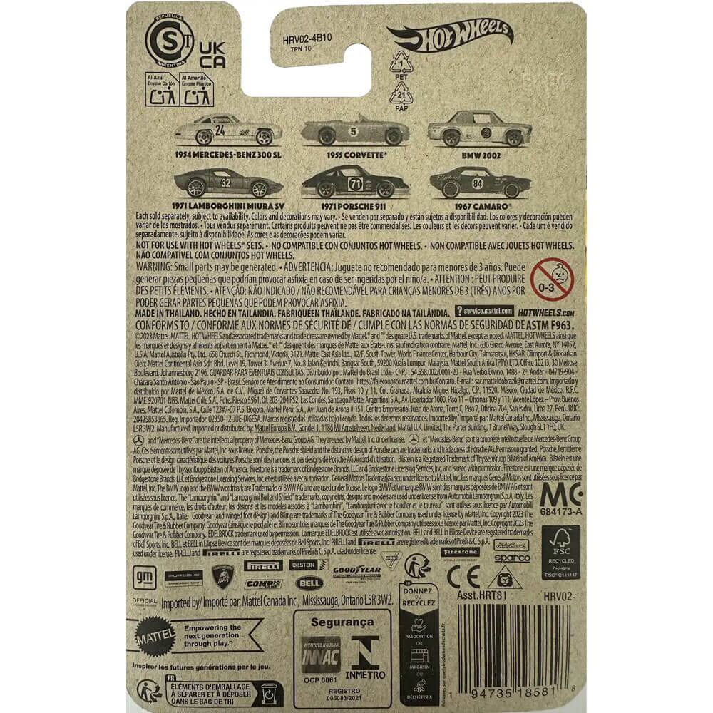 Sure, here is the corrected and grouped text from the image:

---

**Top Section:**
- Hot Wheels
- HRV02-4B10
- TPH 10
- 24
- 1924 MERCEDES-BENZ 300 SL
- 1965 CORVETTE
- 1971 LAMBORGHINI MIURA SV
- 1971 PORSCHE 911
- 1984 CAMARO
- BMW 2002

**Compatibility Note:**
- NOT COMPATIBLE WITH HOT WHEELS® SETS
- NON COMPATIBLE AVEC JOUETS HOT WHEELS®
- NO COMPATIBLE CON CONJUNTOS HOT WHEELS®
- NON COMPATIBLE AVEC JOUETS HOT WHEELS®

**Warning:**
- WARNING: Small parts may be generated. ADVERTENCIA: Juguetes no recomendado menores de 3 años. Puede generar piezas pequeñas que podrian provocar asfixia. ATTENTION: PEUT PRODUIRE PETITS ÉLÉMENTS. ATENÇÃO: