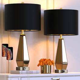 Akoasm - Mirrored Glass Bedside Table Lamps with 2 USB Ports for Bedrooms, Living Room (Set of 2)