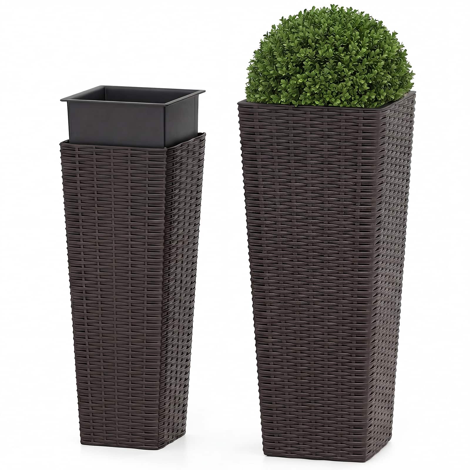 Costway - Rattan Tall Planter Set of 2 with Removable Inner Trays, Drainage Holes for Garden - Coffee