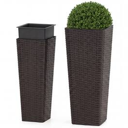 Costway - Rattan Tall Planter Set of 2 with Removable Inner Trays, Drainage Holes for Garden - Coffee