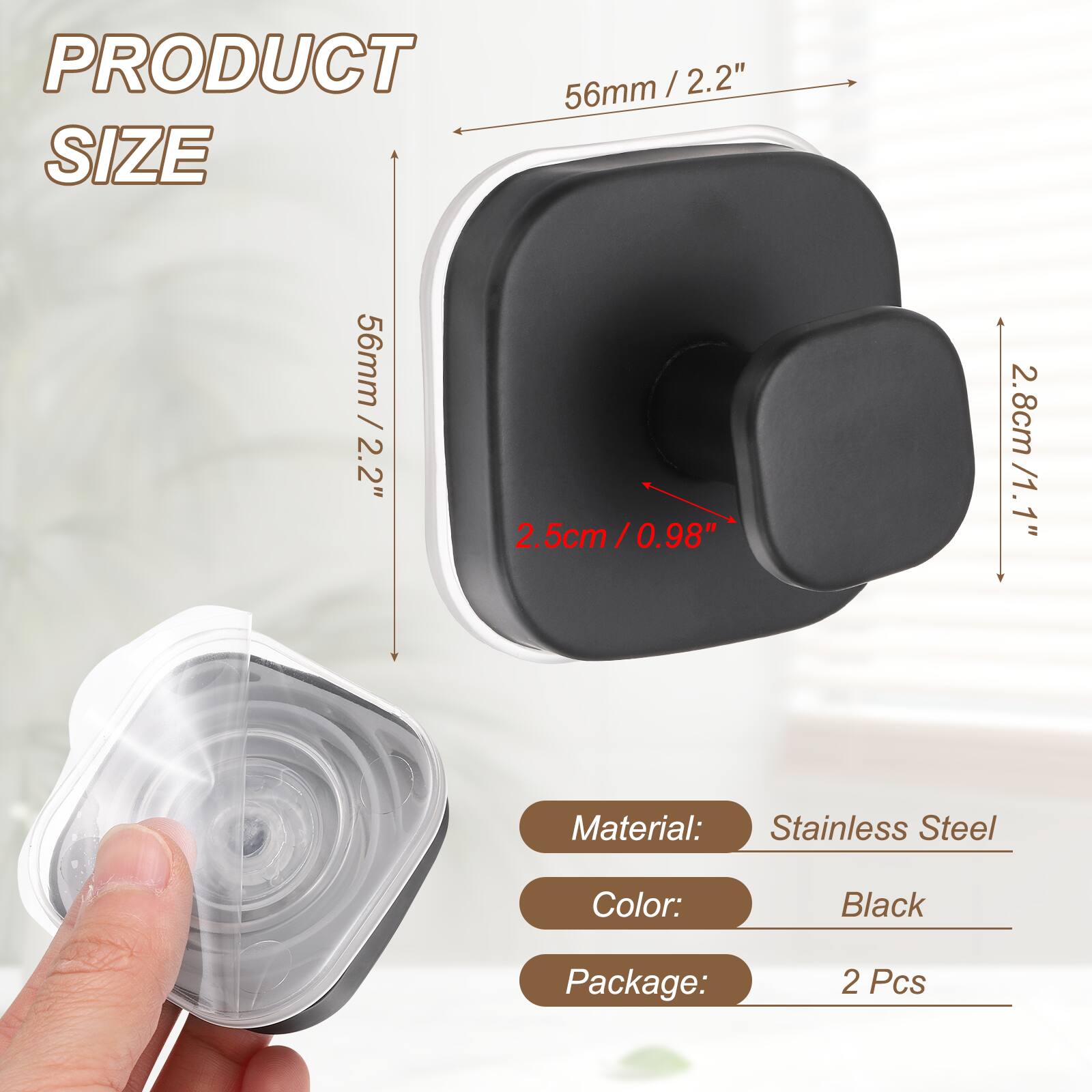 PRODUCT  
SIZE  
56mm / 2.2"  
2.5cm / 0.98" / 2.8cm / 1.1"  

Material: Stainless Steel  
Color: Black  
Package: 2 Pcs
