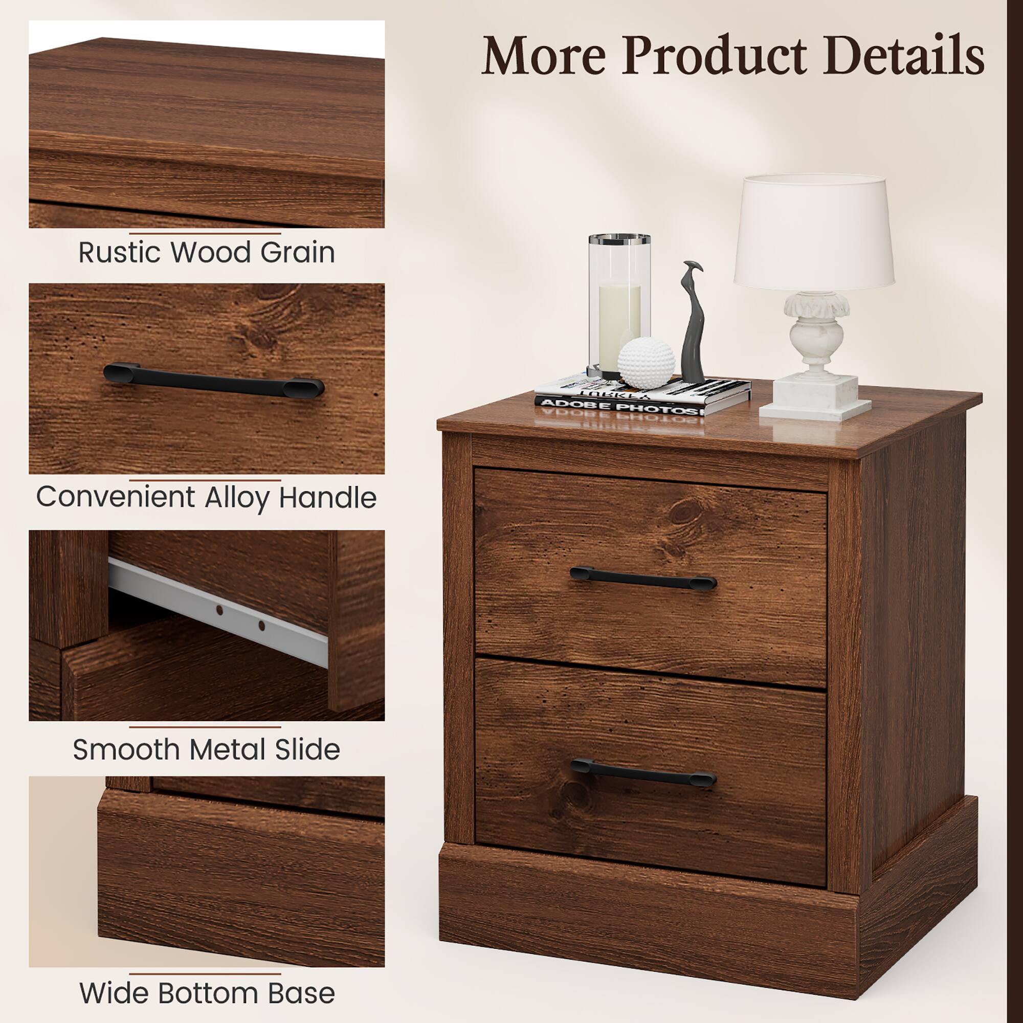 More Product Details: Rustic Wood Grain, Convenient Alloy Handle, Smooth Metal Slide, Wide Bottom Base.