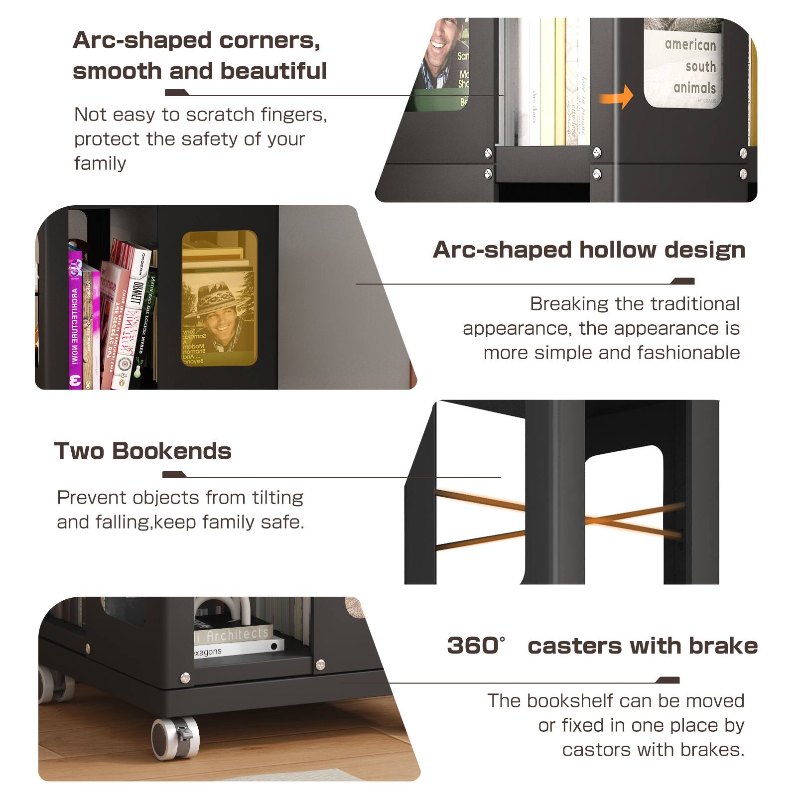 Arc-shaped corners, smooth and beautiful  
Not easy to scratch fingers, protect the safety of your family  

Arc-shaped hollow design  
Breaking the traditional appearance, the appearance is more simple and fashionable  

Two Bookends  
Prevent objects from tilting and falling, keep family safe.  

360° casters with brake  
The bookshelf can be moved or fixed in one place by casters with brakes.