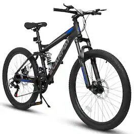 BreeBe - 24 Inch Mountain Bike, Full Suspension, 21-Speed Gear Indicator Shifters, Steel Frame, Disc Brakes, Unisex Adults - Black