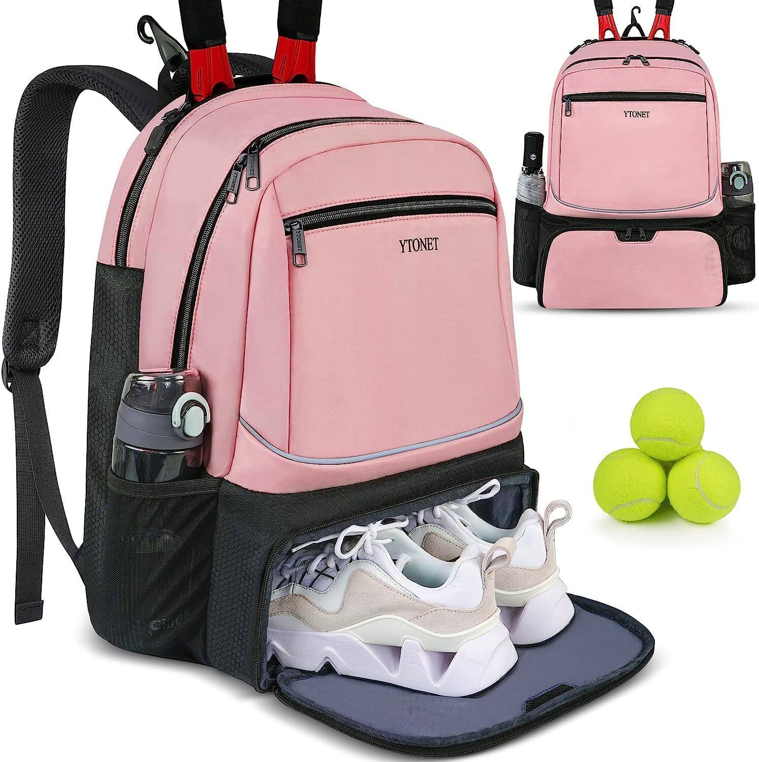 Sac à Dos Tennis Femme Léger - Contient 2 Raquettes, Balles, équipement Sportif, Couleur Rose, Polyester