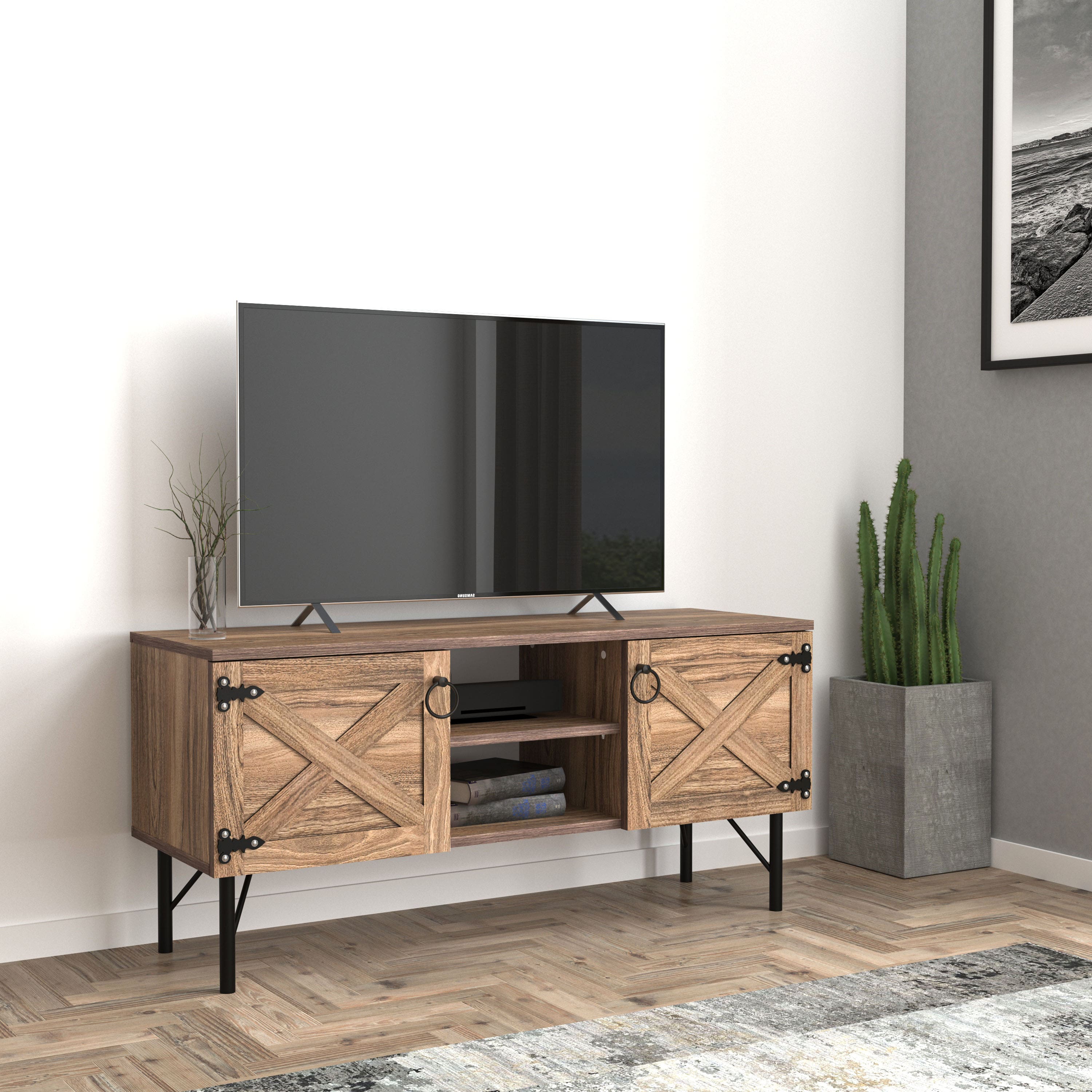 TinyHomie - Loft Wood 2 Cupboards Vintage TV Stand - Walnut