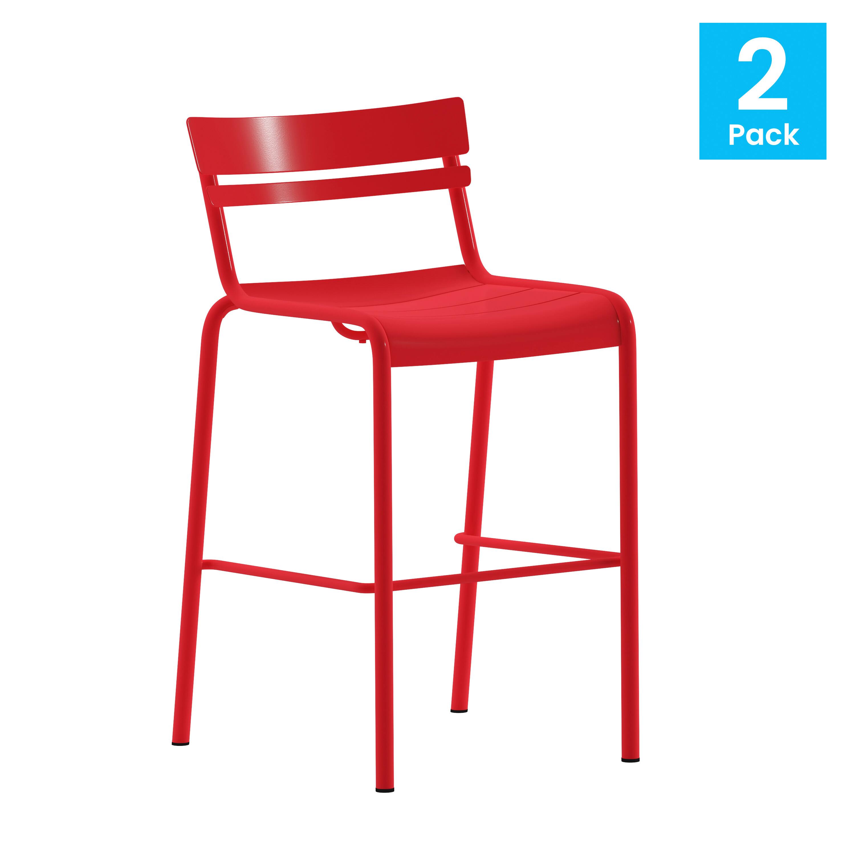 Alt View 2. Emma + Oliver - Rennes Armless Powder Coated Steel Stool with 2 Slat Back for Indoor-Outdoor Use - Red.