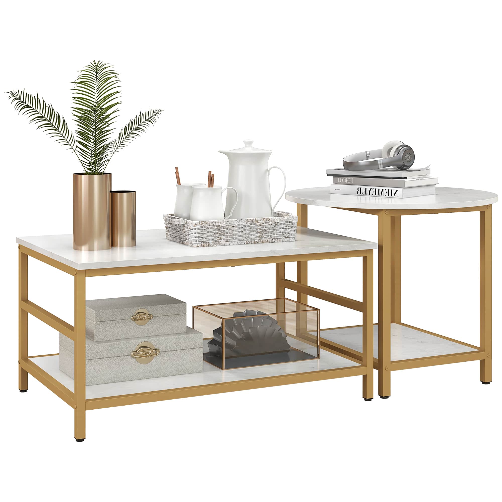 Homcom - Tables Set of 2, Rectangle and Round Coffee Table with Storage Shelves, Faux Marble Top - White