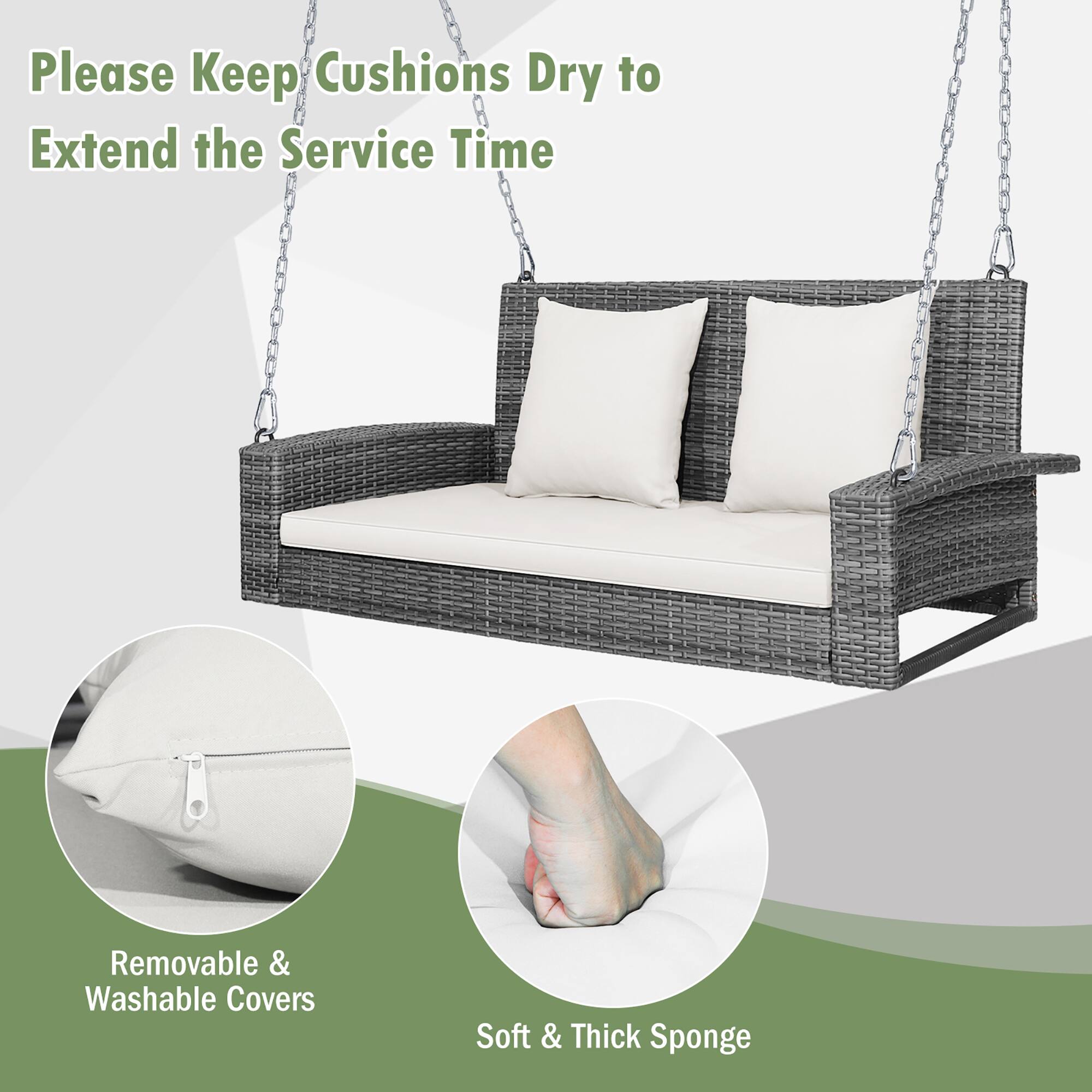 Please Keep Cushions Dry to Extend the Service Time

- Removable & Washable Covers
- Soft & Thick Sponge
