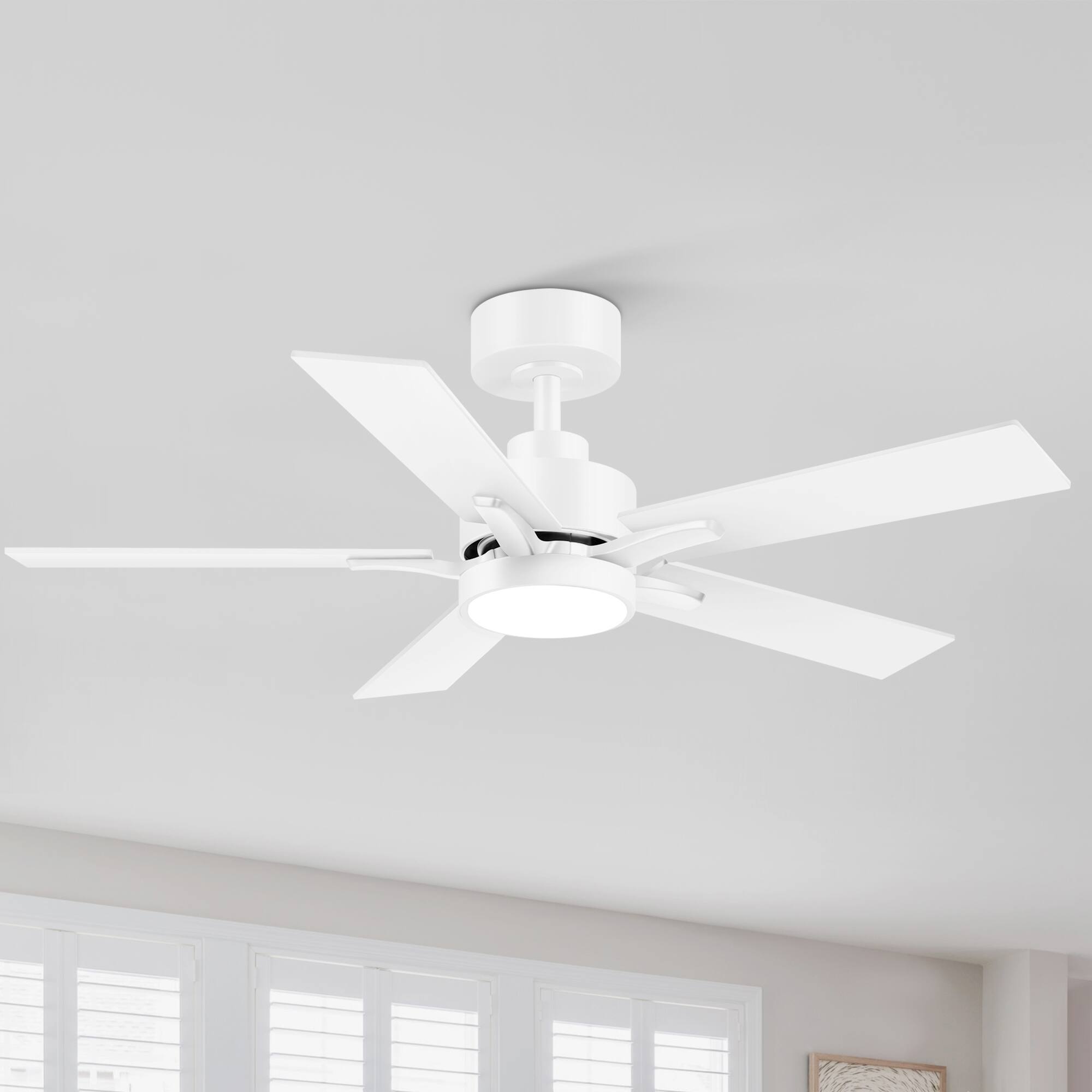 Breezary - 42-in Integrated LED Ceiling Fan with Remote, 3-Color Light, 5 Blades, Reversible DC Motor - Matte White